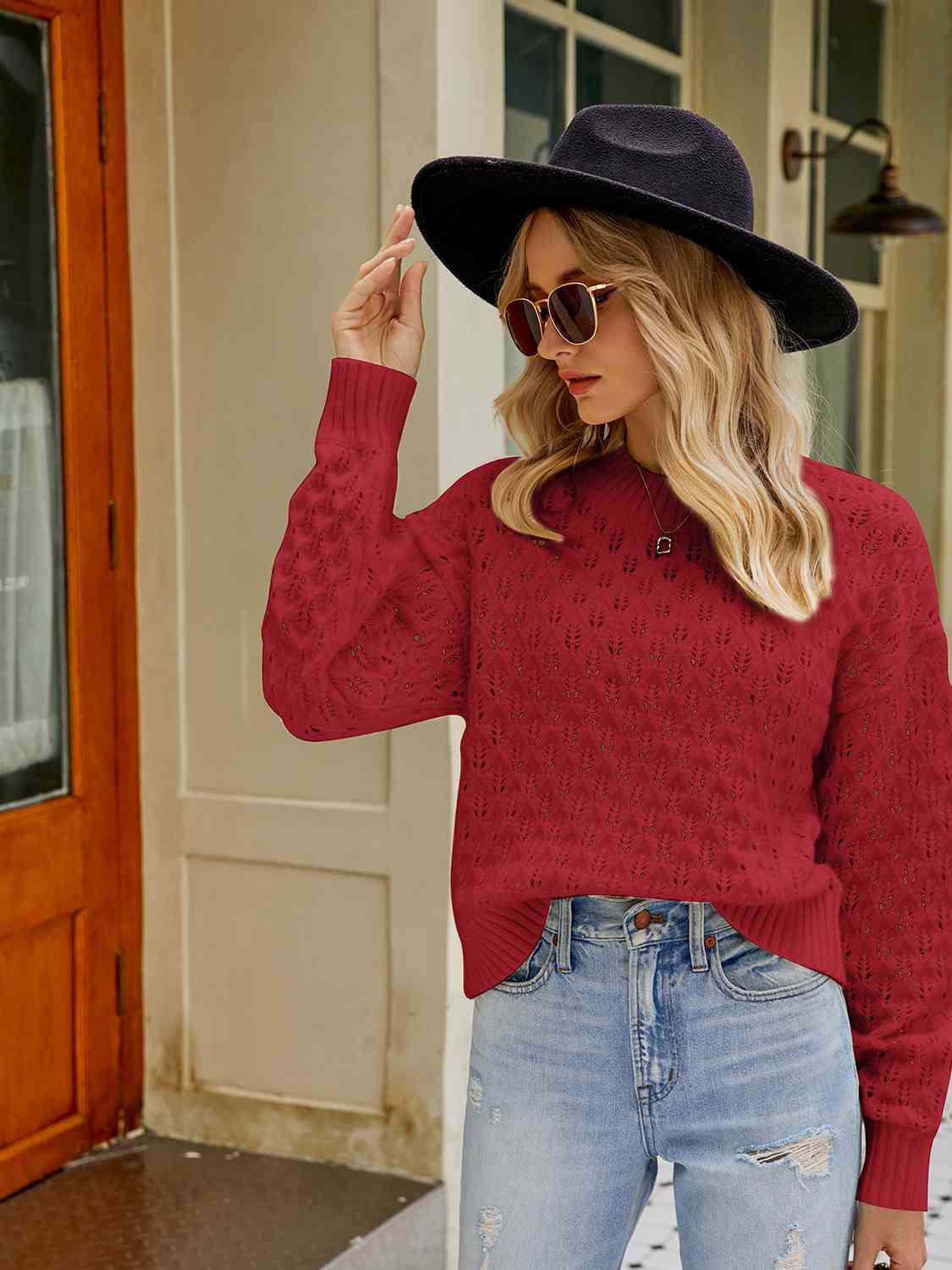 Openwork Round Neck Sweater - Trendsi - Flyclothing LLC