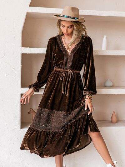 Drawstring V-Neck Crochet Dress - Trendsi - Flyclothing LLC