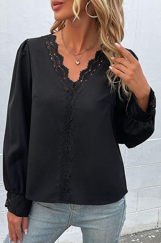Scalloped Lace Trim Puff Sleeve V-Neck Blouse - Trendsi