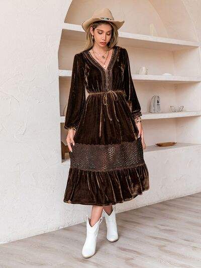 Drawstring V-Neck Crochet Dress - Trendsi - Flyclothing LLC