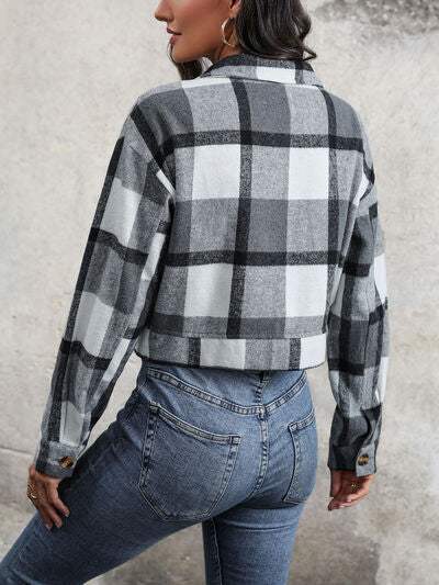 Plaid Button Up Drop Shoulder Cropped Jacket - Trendsi - Flyclothing LLC