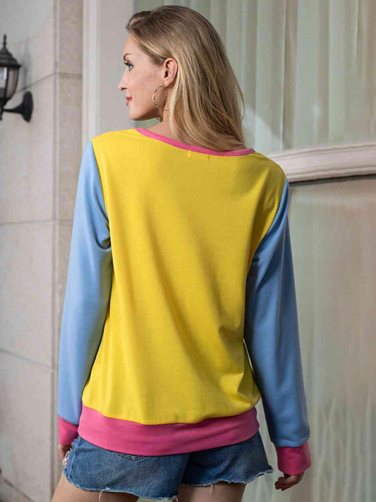 Contrast Round Neck Long Sleeve Top - Trendsi