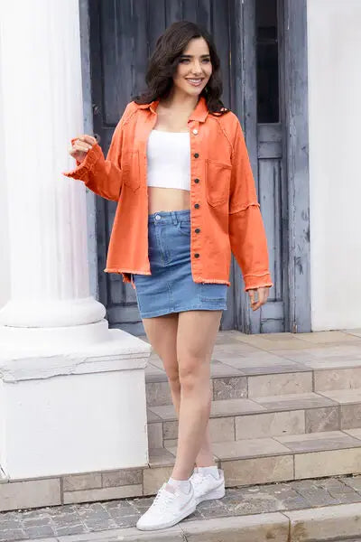 Raw Hem Pocketed Collared Neck Denim Jacket - Trendsi - Flyclothing LLC