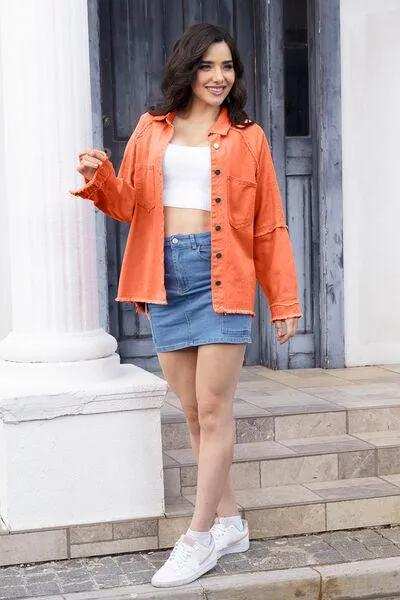 Raw Hem Pocketed Collared Neck Denim Jacket - Trendsi - Flyclothing LLC