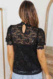 Lace Scalloped Short Puff Sleeve Top - Trendsi