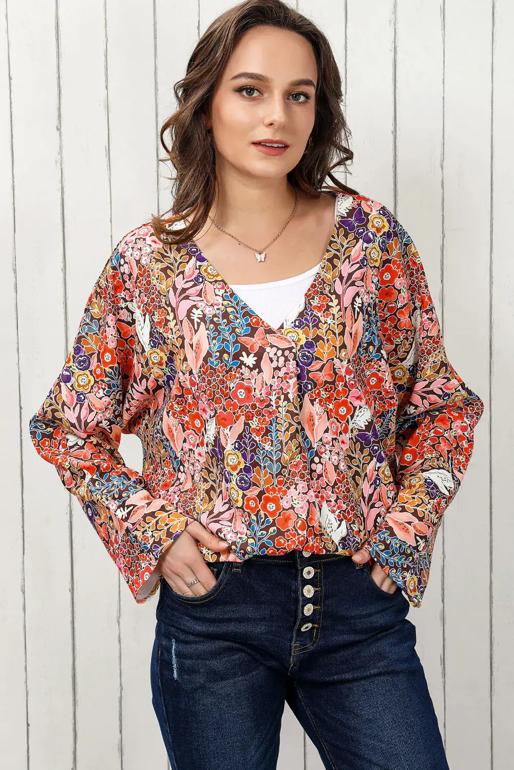 Floral V-Neck Long Sleeve Blouse - Trendsi - Flyclothing LLC