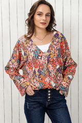 Floral V-Neck Long Sleeve Blouse - Trendsi - Flyclothing LLC