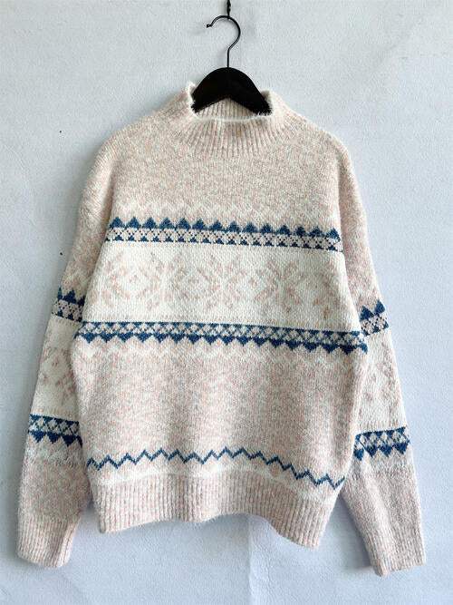 Geometric Mock Neck Dropped Shoulder Sweater - Trendsi - Flyclothing LLC