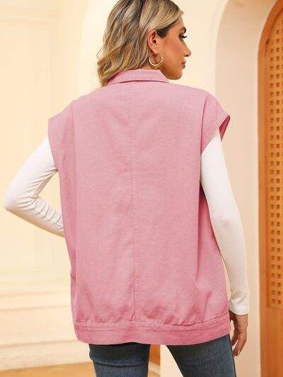 Pocketed Button Up Sleeveless Denim Jacket - Trendsi - Flyclothing LLC