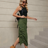Drawstring Ruched Slit Denim Midi Skirt - Trendsi - Flyclothing LLC