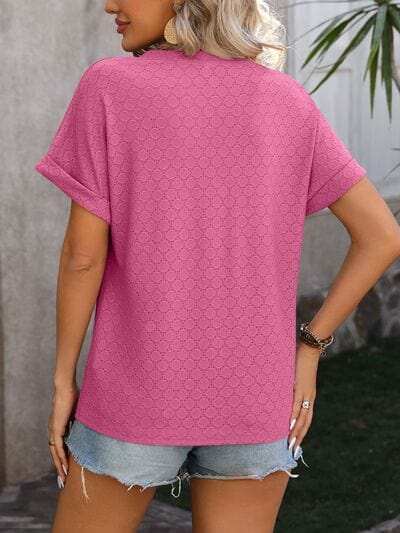 Eyelet Notched Short Sleeve T-Shirt - Trendsi - Flyclothing LLC