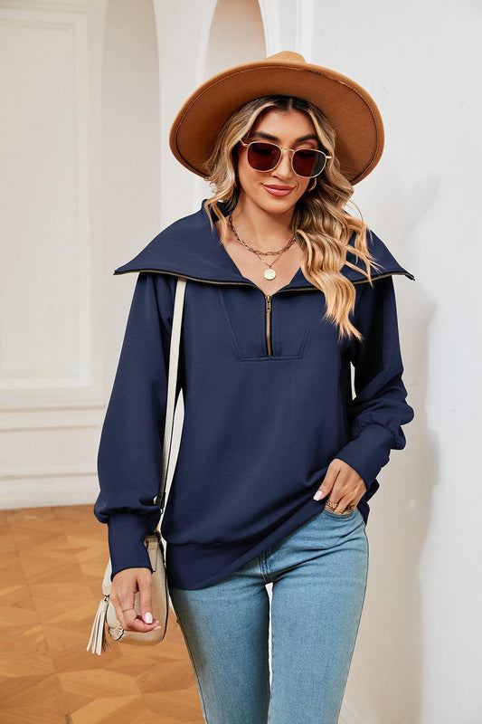 Half-Zip Collared Sweatshirt - Trendsi