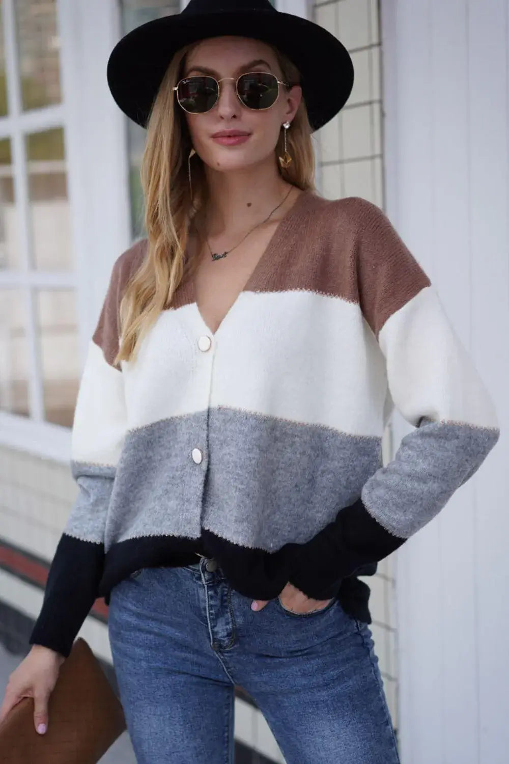 Color Block V-Neck Button Down Cardigan - Trendsi - Flyclothing LLC