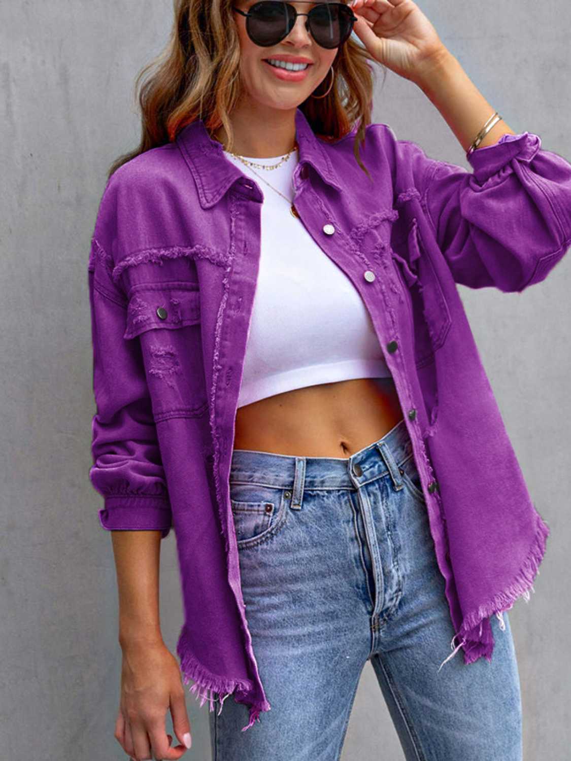 Distressed Drop Shoulder Denim Jacket - Trendsi - Flyclothing LLC
