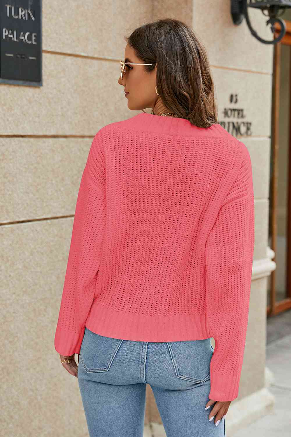 Openwork Surplice Long Sleeve Sweater - Trendsi - Flyclothing LLC