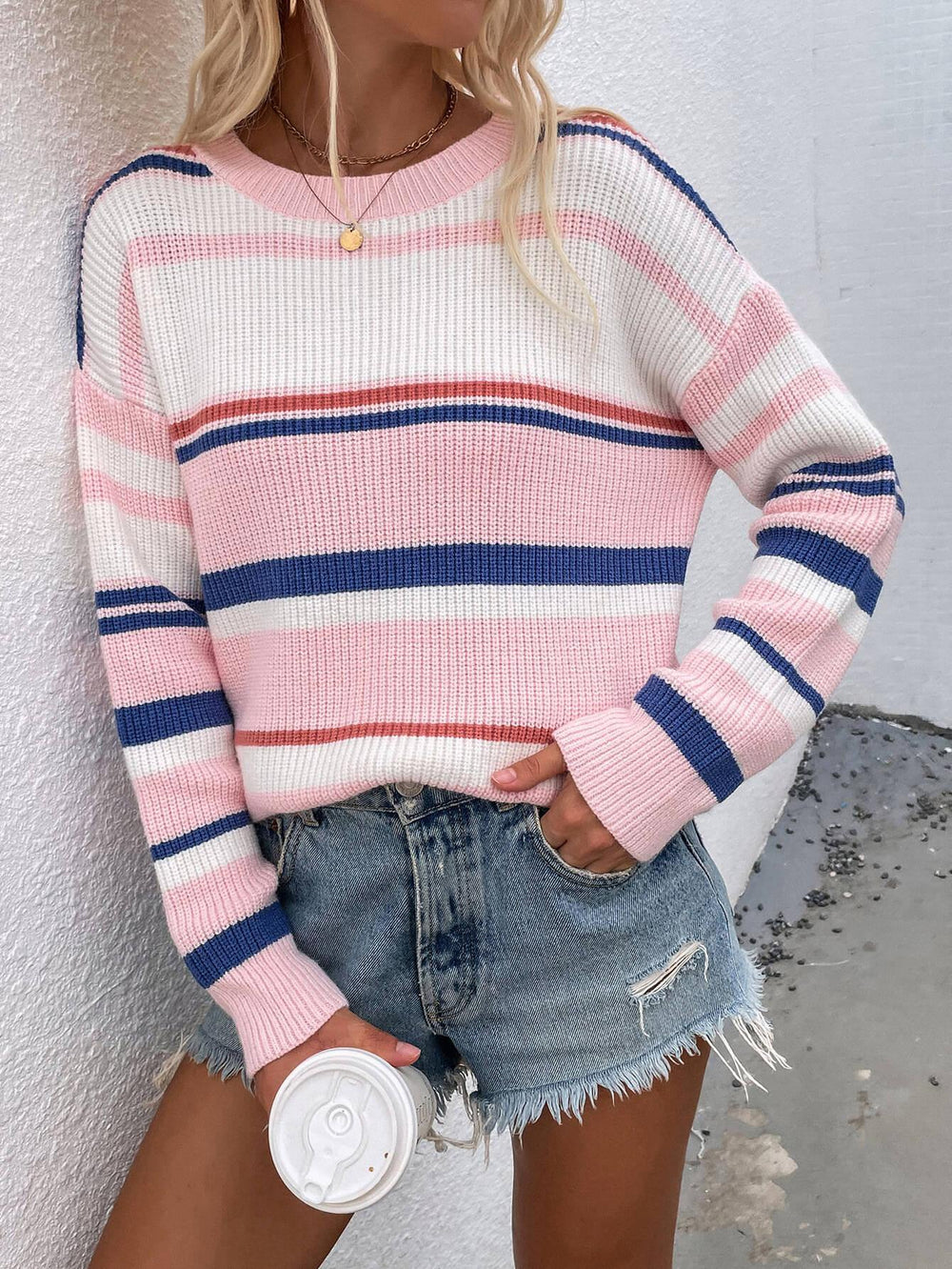 Striped Drop Shoulder Round Neck Pullover Sweater - Trendsi