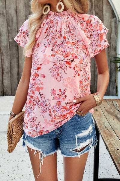 Printed Ruffled Mock Neck Blouse - Trendsi - Flyclothing LLC