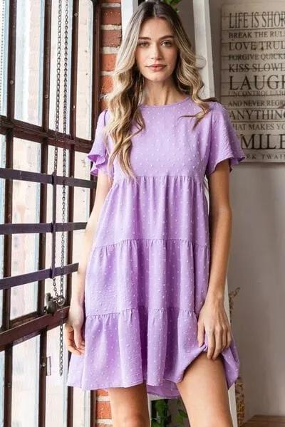 Heimish Full Size Swiss Dot Short Sleeve Tiered Dress - Trendsi