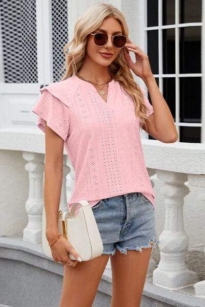 Eyelet Notched Short Sleeve T-Shirt - Trendsi - Flyclothing LLC
