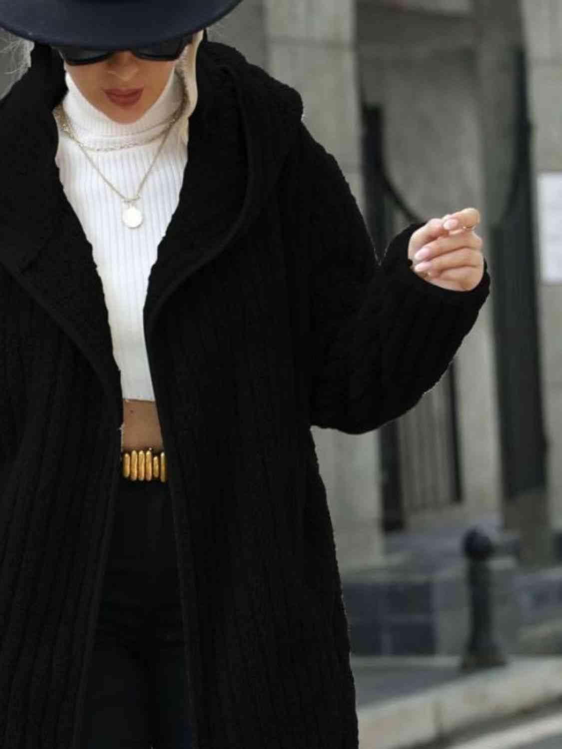 Open Front Ribbed Hooded Coat - Trendsi