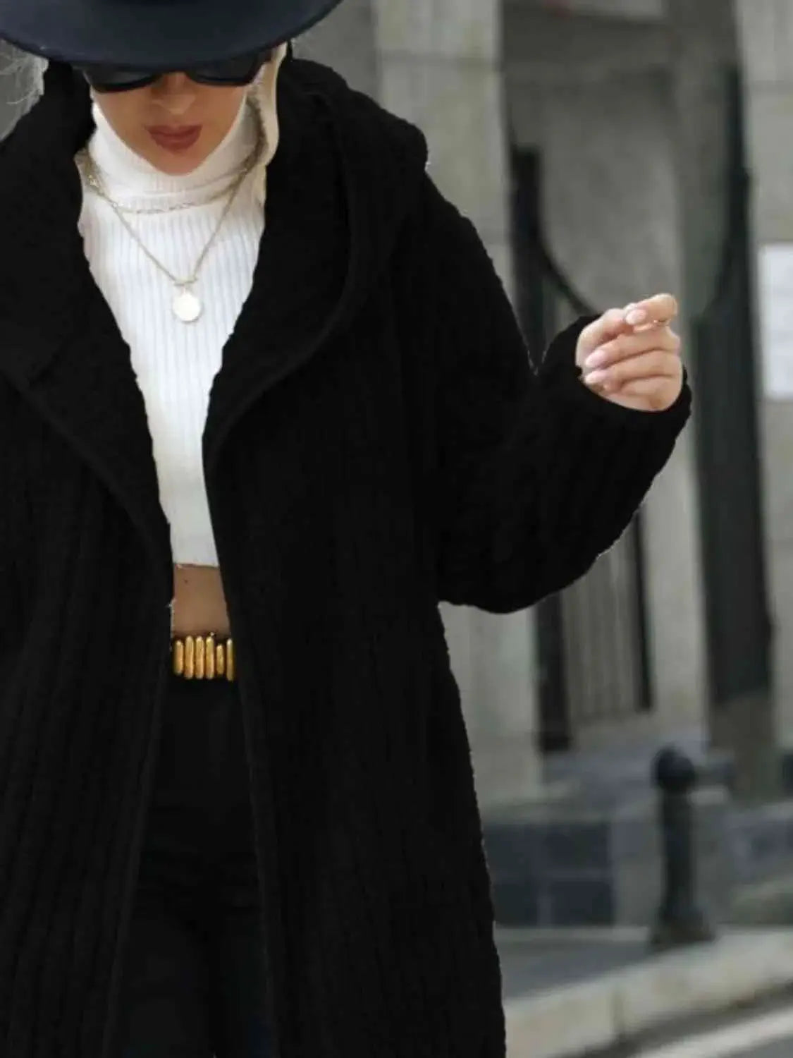 Open Front Ribbed Hooded Coat - Trendsi - Flyclothing LLC