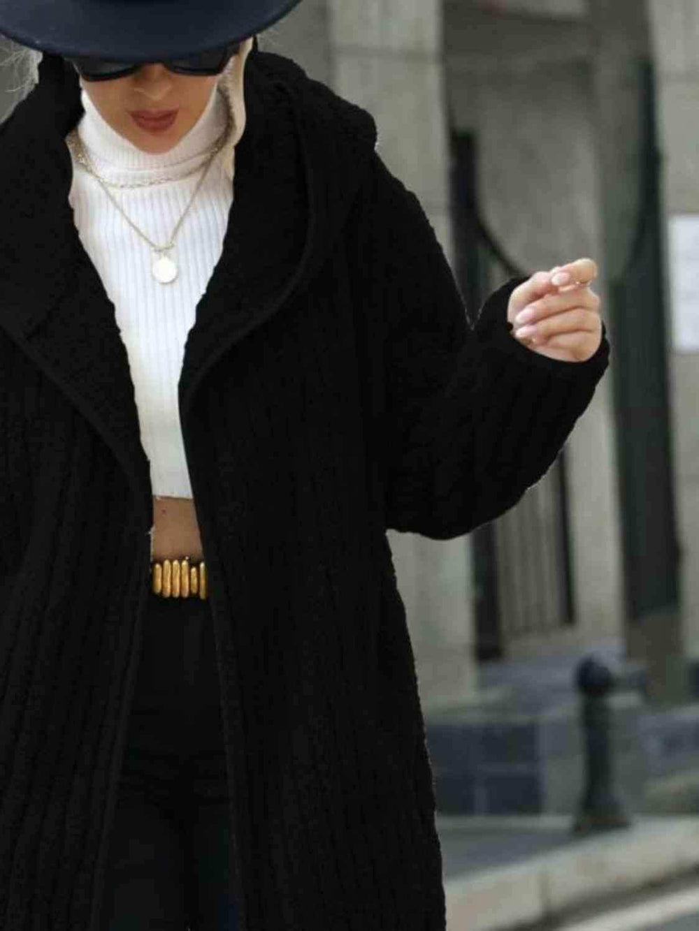 Open Front Ribbed Hooded Coat - Trendsi - Flyclothing LLC