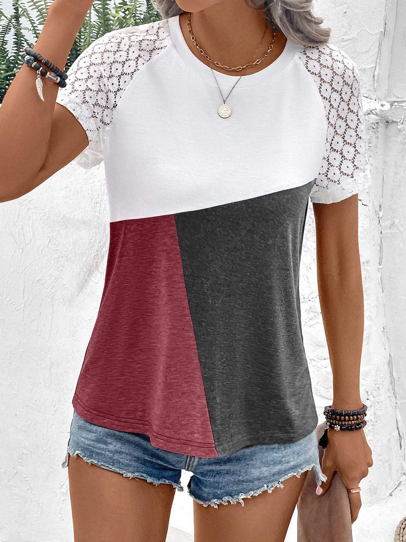 Color Block Raglan Sleeve Round Neck Tee - Trendsi - Flyclothing LLC