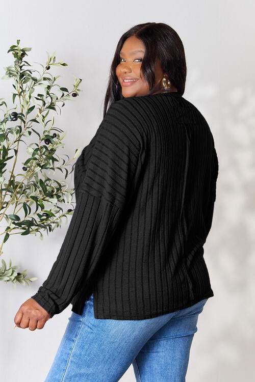Basic Bae Full Size Ribbed Round Neck Slit T-Shirt - Trendsi - Flyclothing LLC
