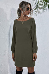 Waffle-Knit Boat Neck Mini Dress - Trendsi - Flyclothing LLC
