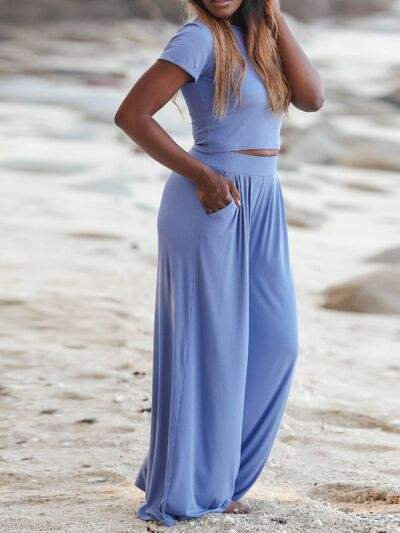 Round Neck Short Sleeve Top and Pocketed Pants Set - Trendsi - Flyclothing LLC