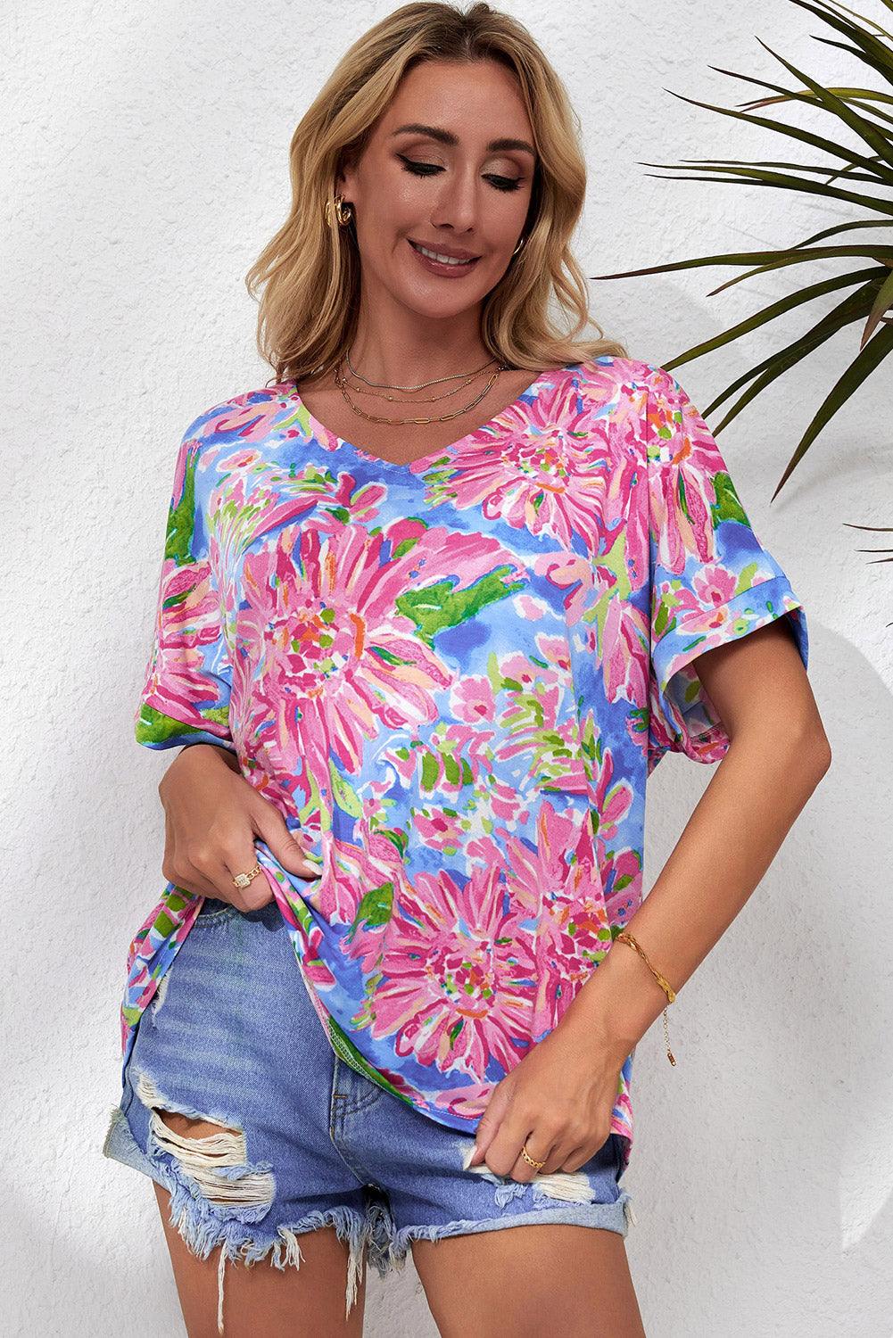 Floral V-Neck Short Sleeve Blouse - Trendsi