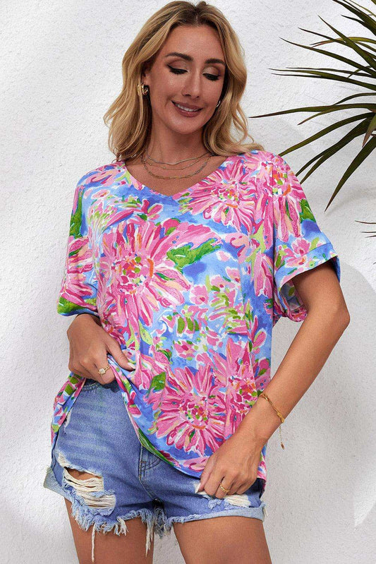 Floral V-Neck Short Sleeve Blouse - Trendsi - Flyclothing LLC