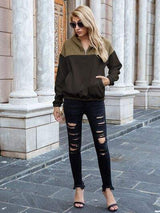 Pocketed Color Block Quarter Zip Hoodie - Trendsi - Flyclothing LLC