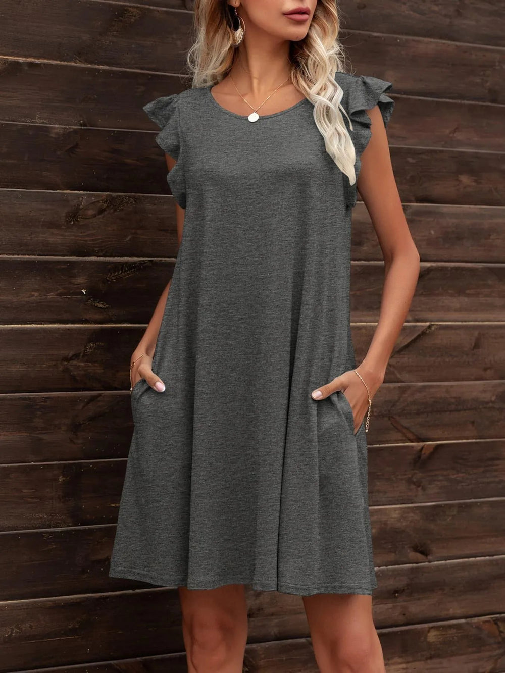 Round Neck Flutter Sleeve Dress with Pockets - Trendsi