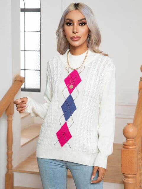Openwork Geometric Mock Neck Sweater - Trendsi
