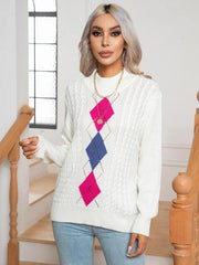 Openwork Geometric Mock Neck Sweater - Trendsi
