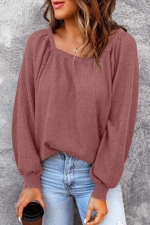 Square Neck Waffle-Knit Top - Trendsi - Flyclothing LLC
