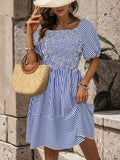 Smocked Striped Balloon Sleeve Mini Dress - Trendsi
