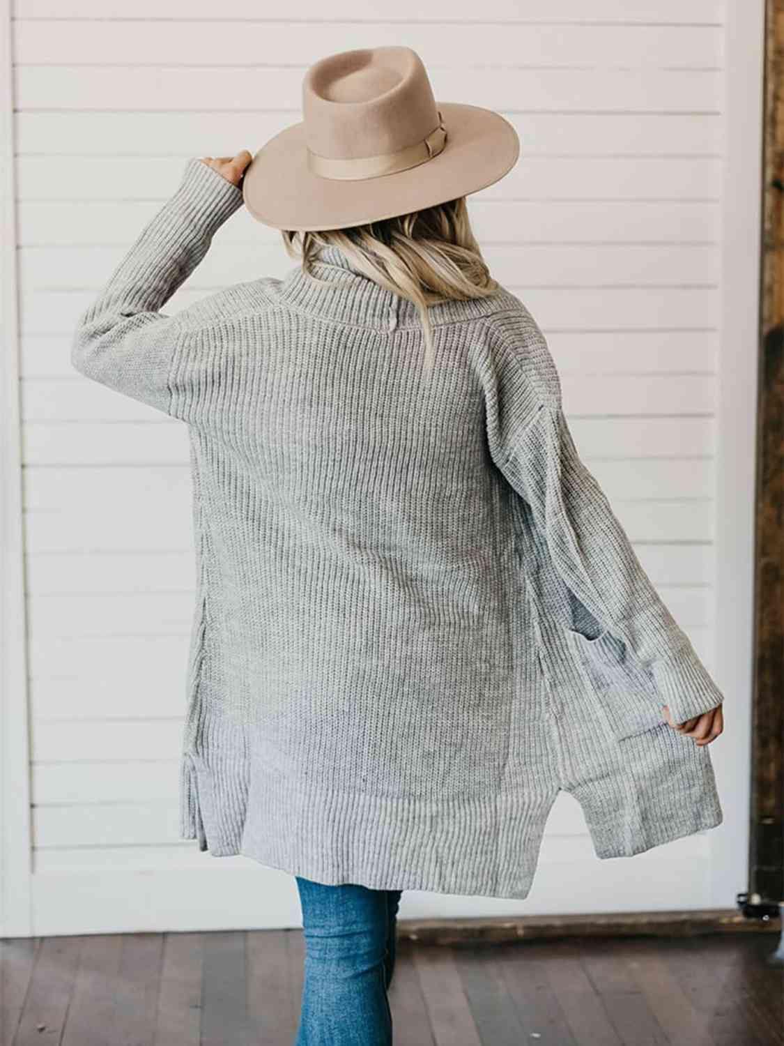 High-Low Open Front Cardigan with Pockets - Trendsi