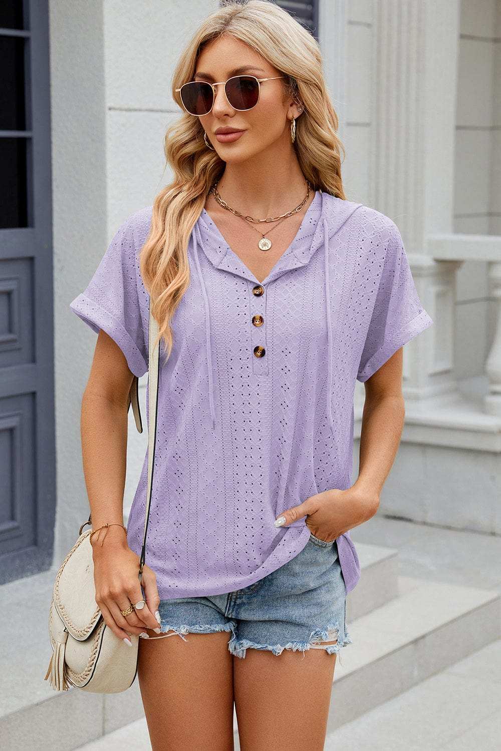 Eyelet Drawstring Hooded Short Sleeve Blouse - Trendsi - Flyclothing LLC
