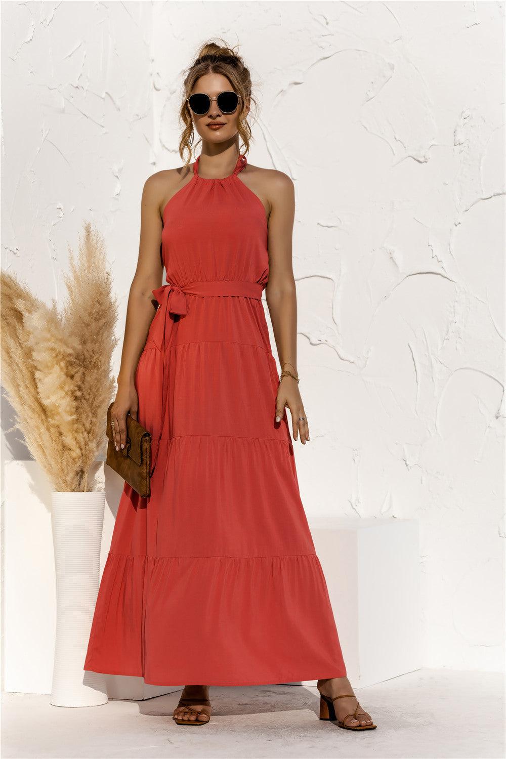 Halter Neck Tie Waist Tiered Maxi Dress - Trendsi - Flyclothing LLC