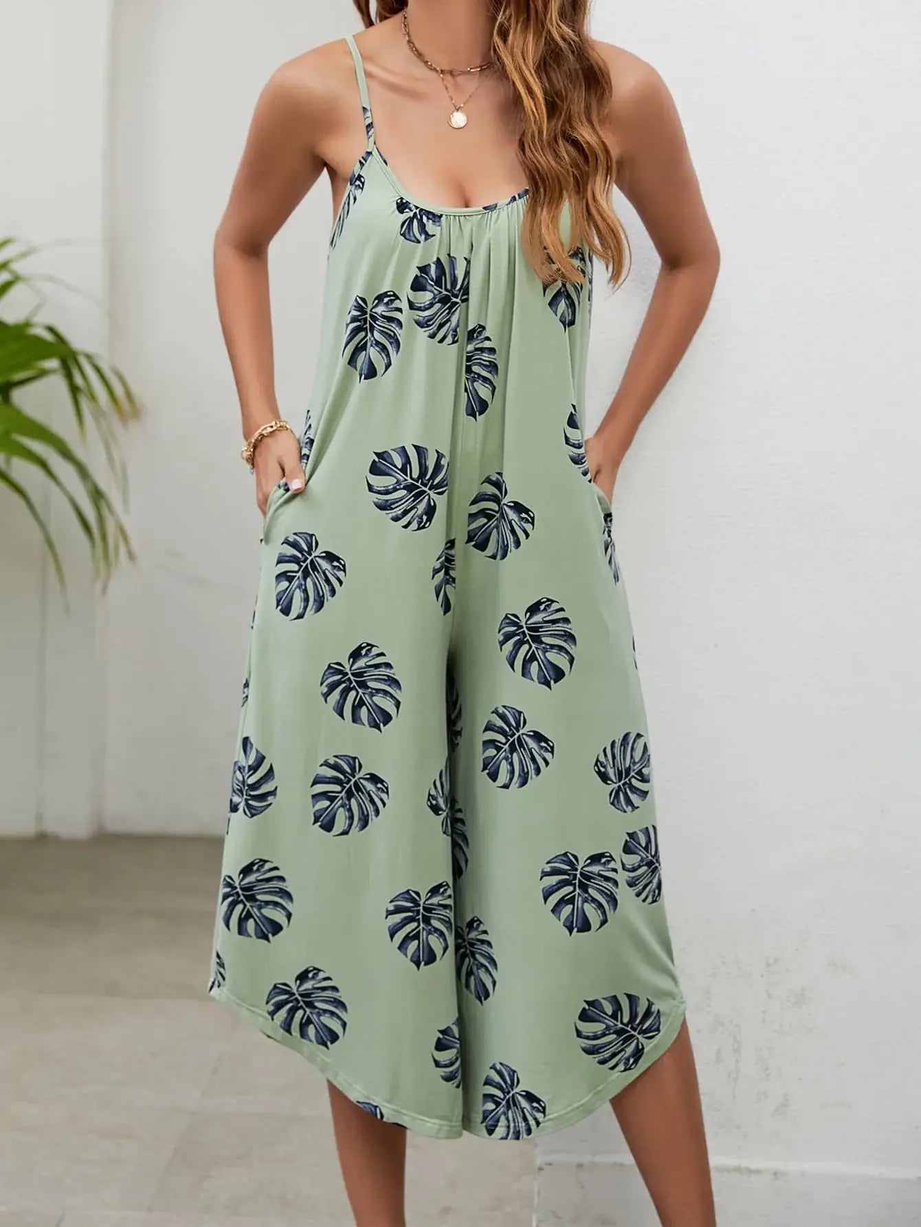 Botanical Print Spaghetti Strap Scoop Neck Jumpsuit - Trendsi - Flyclothing LLC