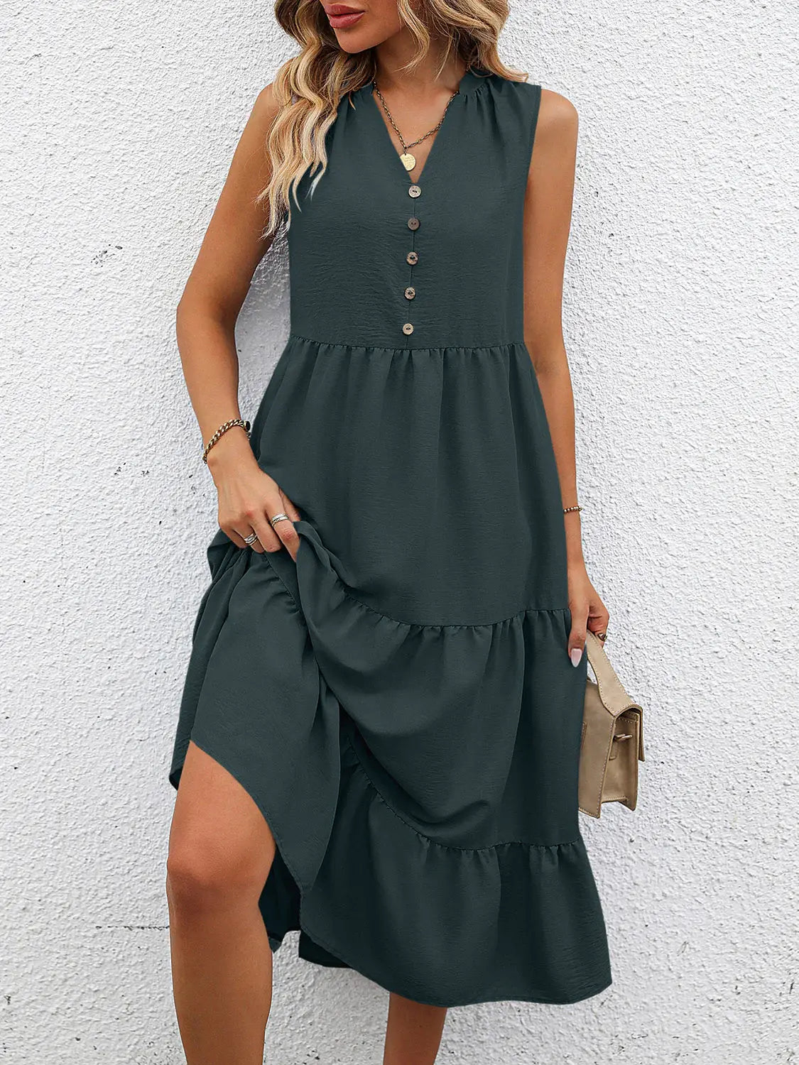 V-Neck Sleeveless Tiered Dress - Trendsi - Flyclothing LLC