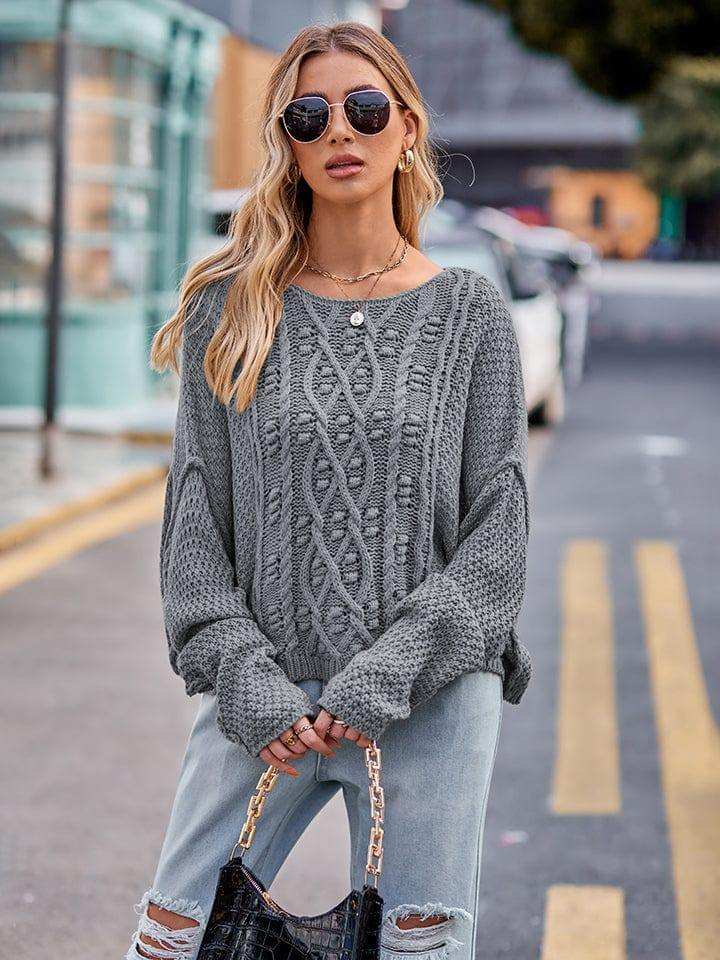 Round Neck Cable-Knit Sweater - Trendsi - Flyclothing LLC