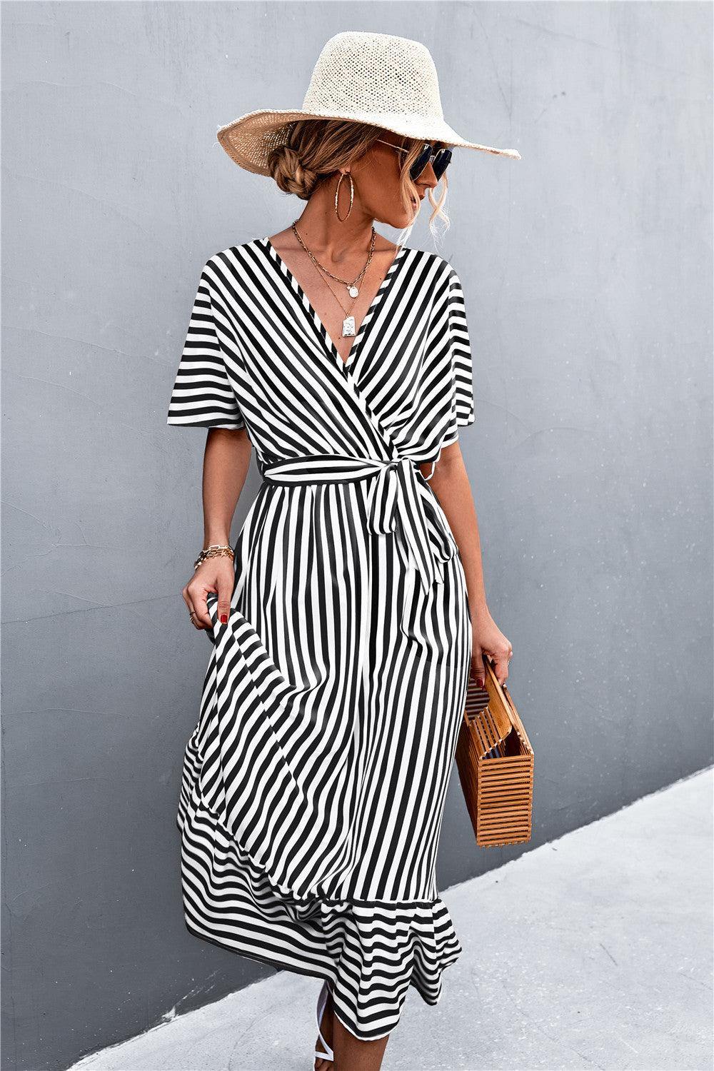 Striped Tie Belt Midi Dress - Trendsi