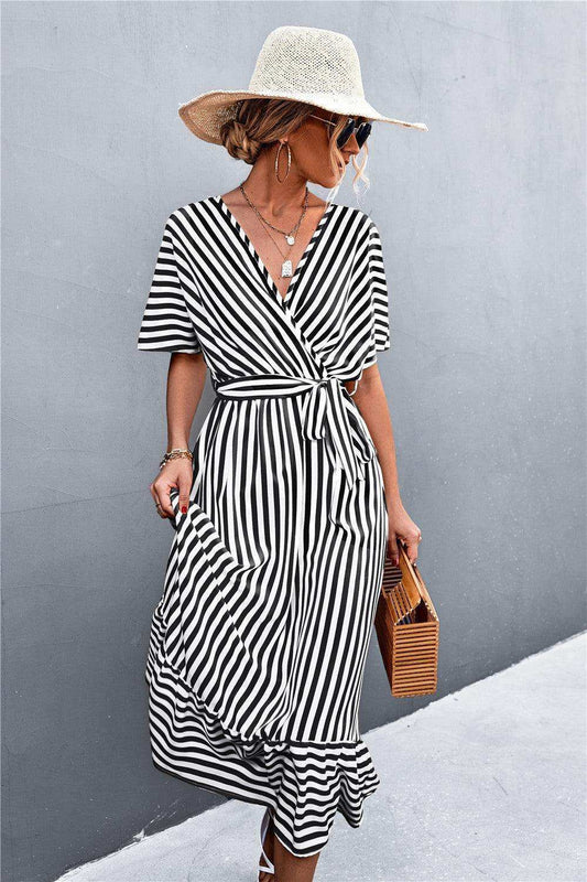 Striped Tie Belt Midi Dress - Trendsi - Flyclothing LLC