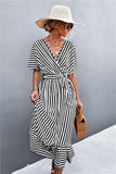 Striped Tie Belt Midi Dress - Trendsi