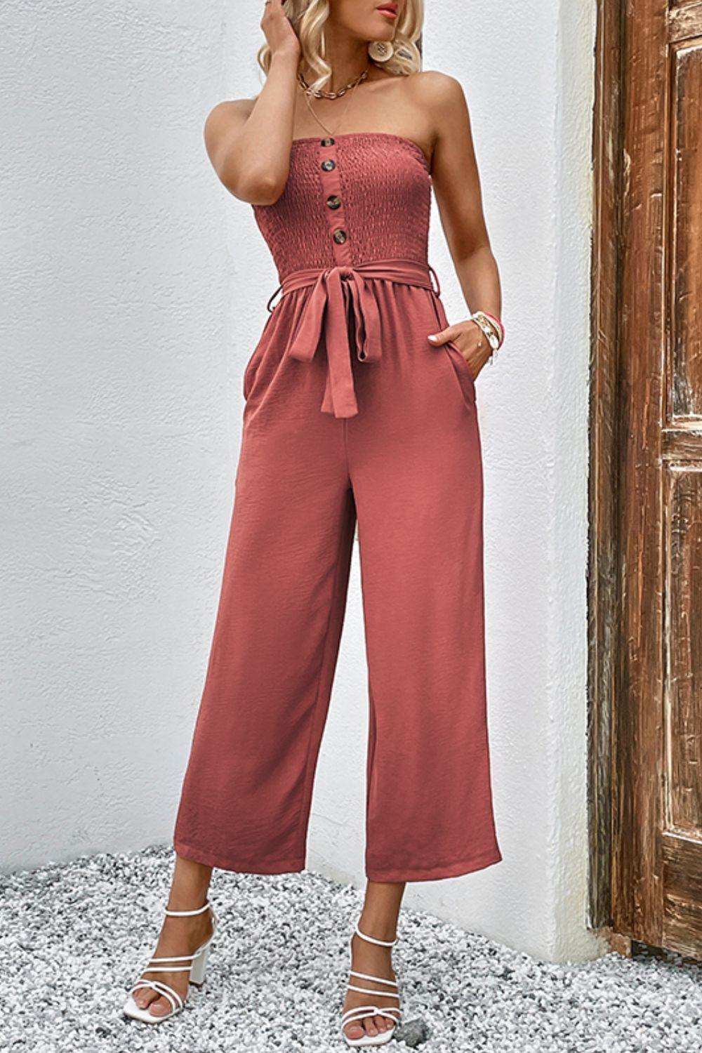 Decorative Button Strapless Smocked Jumpsuit with Pockets - Trendsi - Flyclothing LLC