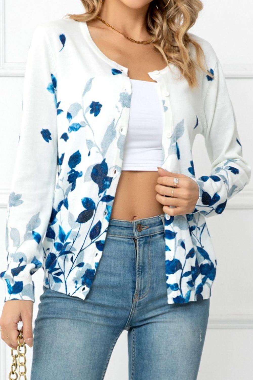 Floral Button Front Round Neck Cardigan - Trendsi