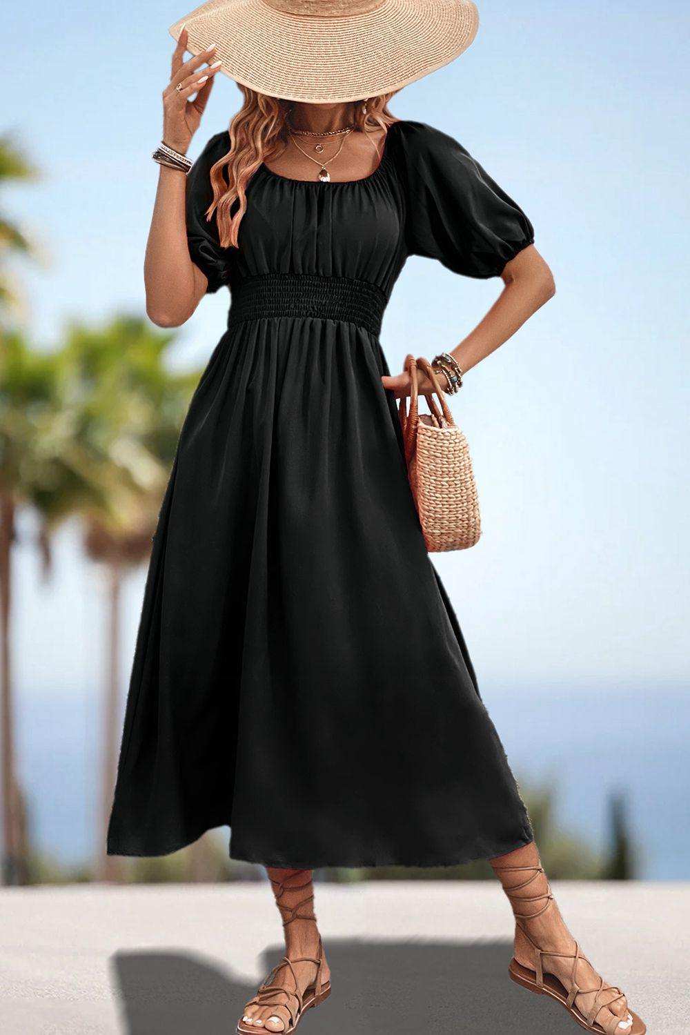 Square Neck Smocked Waist Puff Sleeve Midi Dress - Trendsi - Flyclothing LLC